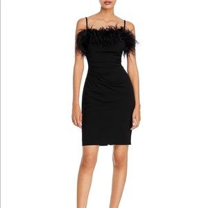 Feather trim bust black midi dress
